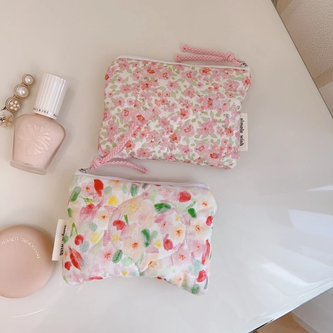 Floral Quilted Cotton Mini Storage Pouch Zipper Coin Purse Small Cosmetic Bag For Lipstick Earphone Pastoral Style Women