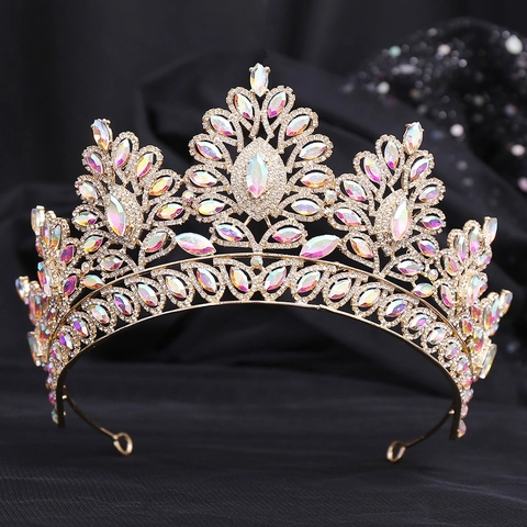 Baroque Bridal Crown Tiara Alloy Colorful AB Rhinestone Luxury Wedding Birthday Party Hair Accessories For Women