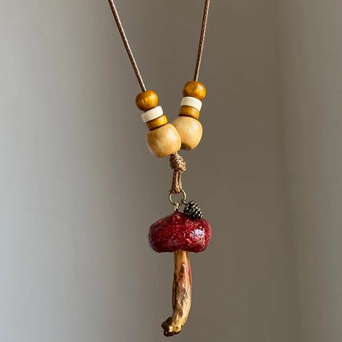 Mushroom Pendant Necklace With Wood Beads And Metal Pinecone Handmade Forest Style Adjustable For Women