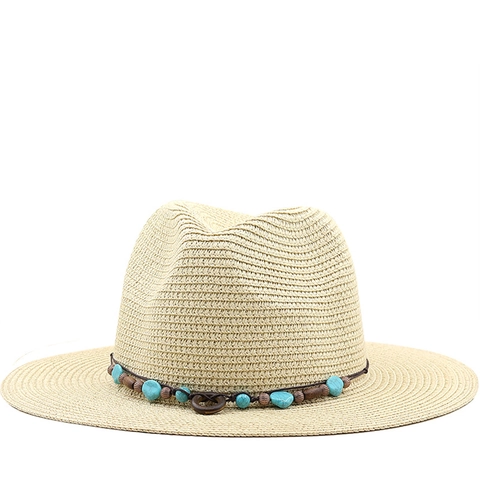 Cappello Fedora Di Paglia Bohemien Con Perle Di Legno Turchese Protezione Solare Estiva Traspirante Viaggio Jazz Panama Donne