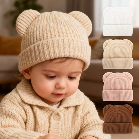 Baby Knit Hat Cute Bear Ears Winter Warm Ribbed Beanie For Toddler Infant Newborn Acrylic Soft Cuffed Cap