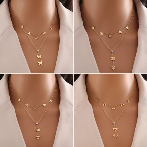 Double Layer Heart Butterfly Evil Eye Clover Pendant Necklace Stainless Steel Zircon Gold Plated Fashion Jewelry For Women
