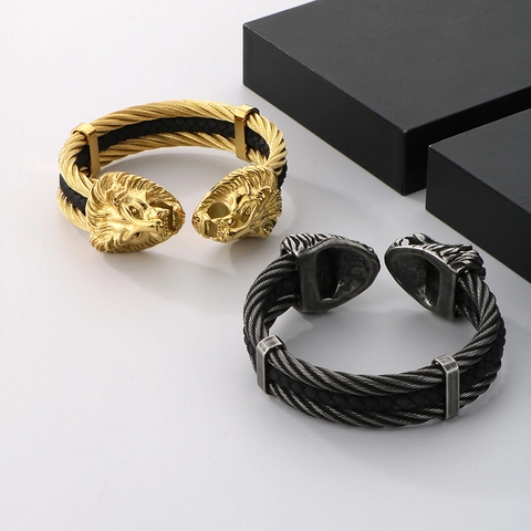 Lion Head Cuff Bracelet Stainless Steel And Cowhide Leather Cable Wire Rope Punk Biker Jewelry For Men