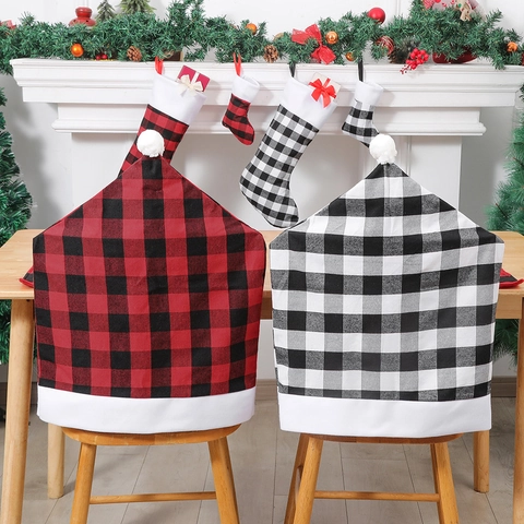 Fundas Para Sillas De Navidad Cuadros Buffalo Decoración Comedor Estilo Sombrero Con Pompones Tela Suave Fiesta