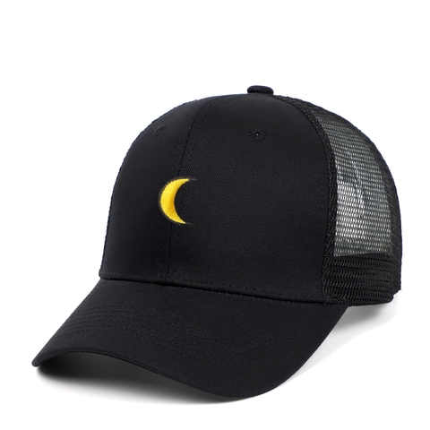 Cappello Trucker con Ricamo Luna Retro in Rete Snapback Regolabile Berretto da Baseball per Uomo Donna Esterno Traspirante Protezione Solare Nero