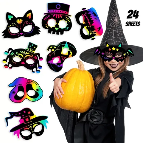 Máscaras De Arte Para Raspar Halloween DIY Artesanía Papel Color Arcoíris Para Niños Fiesta Disfraces Decoración Madera