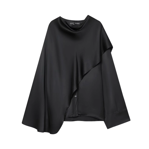Elegante Schwarze Azetat-Satin-Bluse Für Damen Mit Wasserfallausschnitt Langarm Asymmetrische Drapierte Schicke Abendhemd