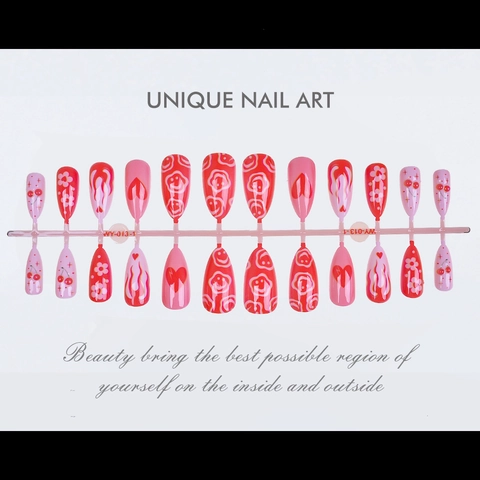 Press On Nagels Lange Amandelvorm Rood Hart Kersenpatroon Y2K Franse Stijl Zoet Romantisch Kunstnagels Voor Vrouwen