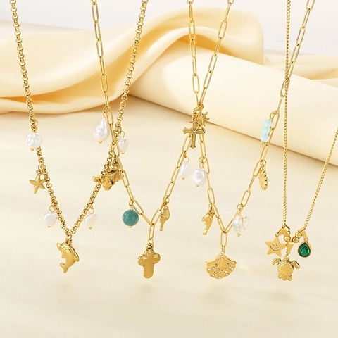 Collana Multi Pendente Tema Oceano Acciaio Inossidabile Placcato Oro Con Perla Artificial Sintetica Delfino Stella Marina Per Donna