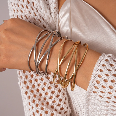 Minimalist Multi Layer Geometric Cross Wrap Open Cuff Bracelet Alloy Metal Fashion Elegant Adjustable Jewelry For Women