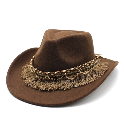 Vintage Western Cowboy Hat Wool Felt Wide Brim Tassels Metal Chains Braided Band Bohemian Ethnic Jazz Style