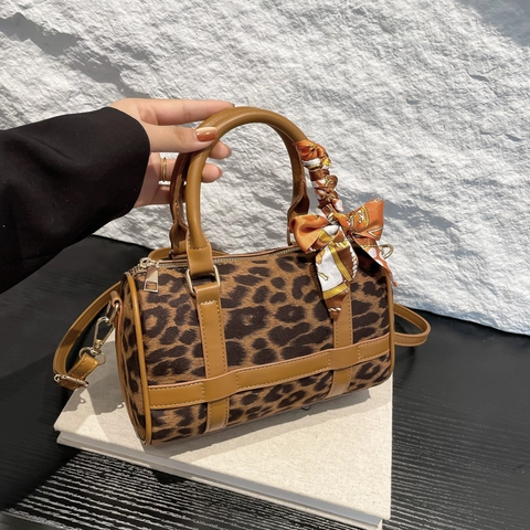 Women Vintage Boston Cylinder Bag PU Leather Leopard Print Shoulder Crossbody Bag With Silk Scarf Handbag For Daily Work