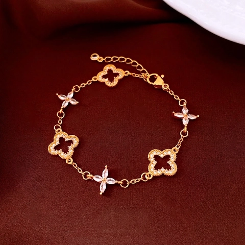 Bracciale Regolabile Trifoglio Fiore Rame Placcato Oro 24K Zirconia Cavo Elegante Vintage Gioielli Di Lusso Per Donne