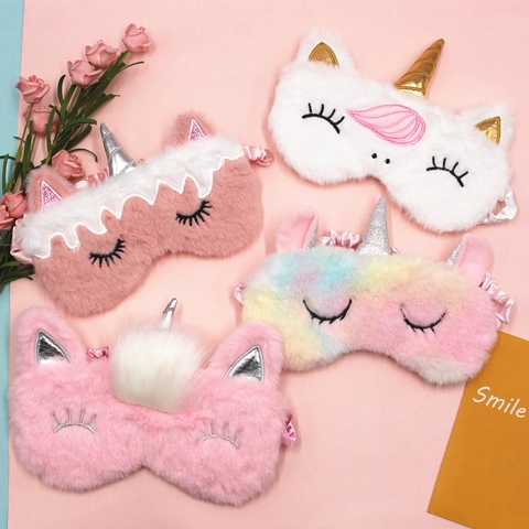 Cute Plush Unicorn Sleep Eye Mask Soft Blackout Cartoon Blindfold With Sequin Horn For Travel Sleeping Home Nap