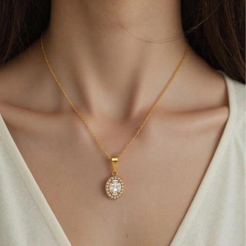 Stainless Steel Necklace And Earrings With Cubic Zirconia Round Oval Sunflower Pendant Elegant Jewelry For Women