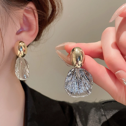 Orecchini Pendenti A Forma Di Ventaglio Per Donna Bicolore Lega Conchiglia Con 925 Sterling Silver Earring Post Elegante