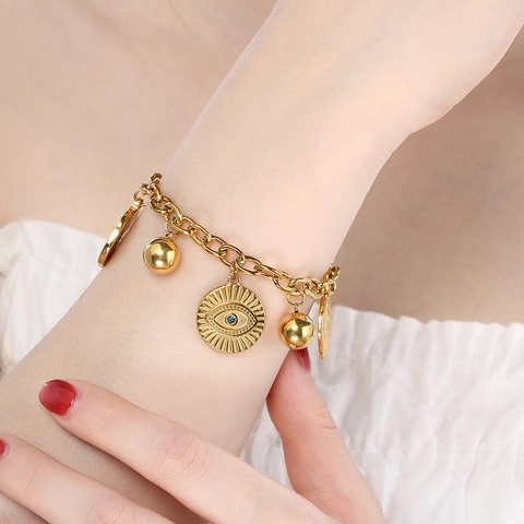 Vintage Stainless Steel Charm Bracelet For Women With Heart Evil Eye And Portrait Coin Pendants Gold Plated Jewelry