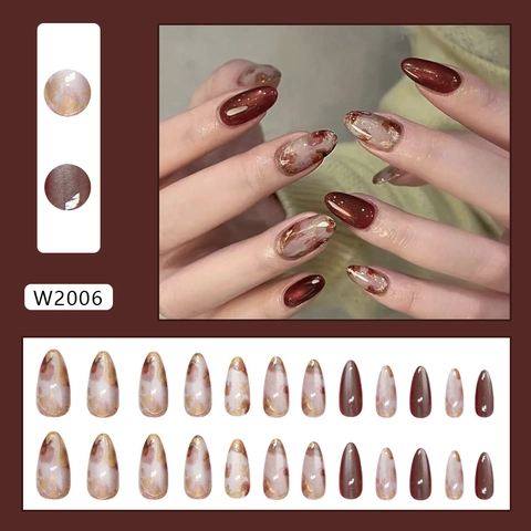 Press On Nails Amber Marble Smudge Gold Foil Cat Eye Design Almond Shape Glossy Artificial False Nails For Women