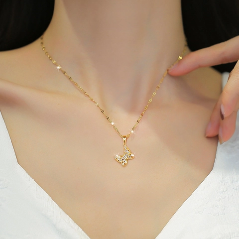 Vlinder Hanger Ketting Titanium Stalen Ketting Koper Zirkoon Ingelegd Elegant Goud Sieraden Voor Dames