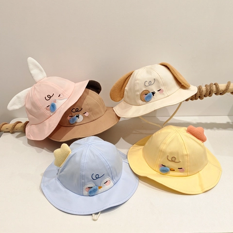 Sombrero De Pescador Para Bebé Mezcla De Algodón Protección Solar Resistente Al Viento Con Correa Ajustable Animales De Dibujos Animados Orejas