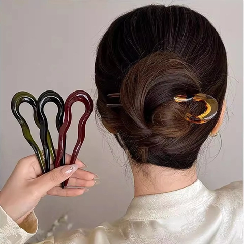 U-Vormige Haarstok Acetaathars Golfontwerp Voor Dames Knot Minimalistisch Elegant Glanzend Haarvorkspeld