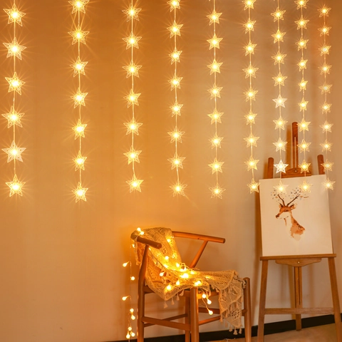 Star LED Curtain String Lights Plastic USB Battery Powered Remote Control Christmas Wedding Party Decoration Warm White