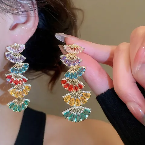 Pendientes Colgantes De Abanico Con Circonitas Coloridas Poste De Plata Joyería De Cobre Vintage Degradado Arcoíris