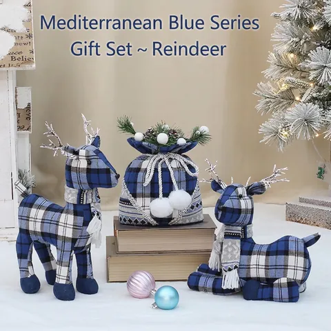 Kerst Rendier Pluche Pop Eland Ornament Blauwe Geruite Stof Met Gebreide Sjaal Noordse Winter Decoratie Cadeauzakje