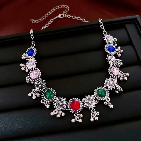 Vintage Ethnic Bohemian Flower Necklace And Earrings Jewelry Alloy Multicolored Rhinestone With Silver Earring Post
