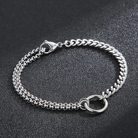 Spliced Chain Bracelet Stainless Steel Curb And Double Layer Link With Central Ring Unisex Industrial Style Jewelry