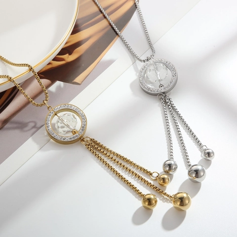 Collana Lunga Con Pendente Nappa Acciaio Inossidabile Titanio Strass Cristallo Catena Maglione Gioielli Eleganti Per Donna
