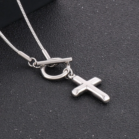 Stainless Steel Cross Pendant Necklace With Snake Chain And OT Toggle Clasp Polished INS Style Punk Jewelry For Men Women