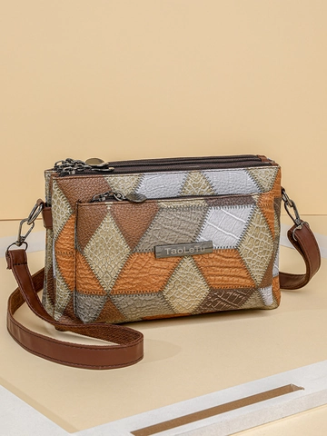Γυναικεία Τσάντα Χιαστί Από Δέρμα PU Patchwork Τσάντα Ώμου Με Πολλαπλά Φερμουάρ Ρετρό Ανάγλυφη Υφή Καθημερινή Τσάντα Ταξιδιού