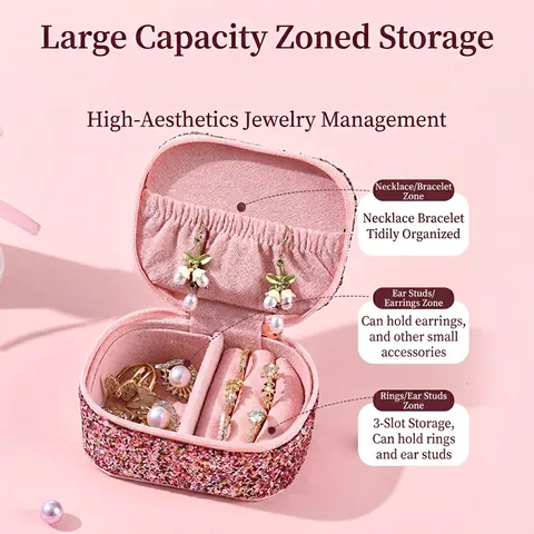 Mini Portagioie Portatile Paillettes Pelle PU Organizzatore Gioielli Da Viaggio Per Anelli Orecchini Collane Cerniera Rosa