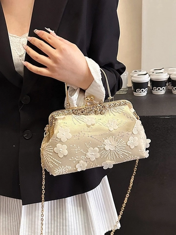 Women Evening Clutch Bag 3D Flower Lace Sequin Handbag With Metal Handle And Chain Strap For Wedding Party Prom