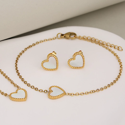 Stainless Steel Heart Shaped Necklace Bracelet And Stud Earrings With Shell Enamel Beaded Edge Minimalist For Women