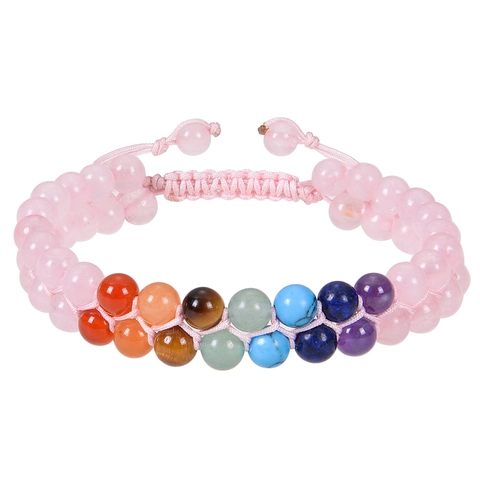 Handmade 6mm Natural Stone Double Row Braided Bracelet 7 Chakra Healing Rose Quartz Tiger Eye Adjustable Jewelry For Women