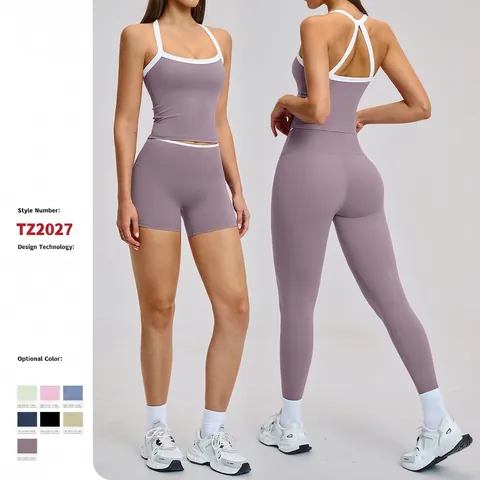 Damen Yoga Fitness Outfit Nylon Elasthan Hohe Taille Kontrastbesatz Cross Back Tanktop Und Schlaghose