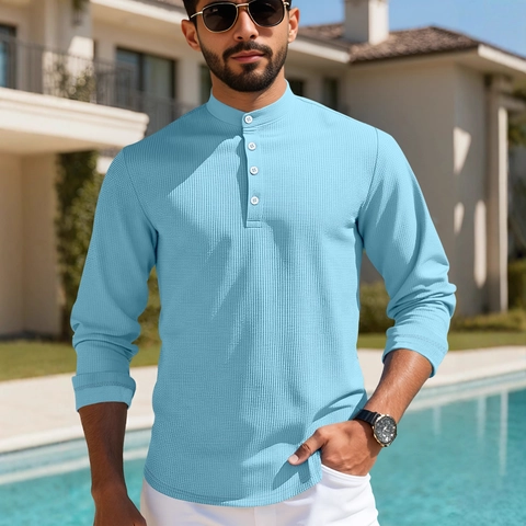Maglia Henley A Maniche Lunghe Da Uomo In Maglia A Nido D'Ape Traspirante Casual Polo Con Pattina A Bottoni Slim Fit Tinta Unita