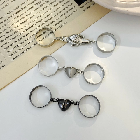 Magnetic Heart Handshake Couple Rings Adjustable Alloy Silver Black Matching Promise Jewelry Set For Lover Friend Gift