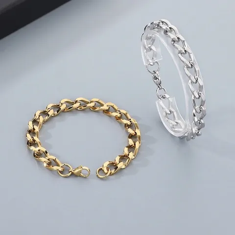Pulsera De Cadena Cubana Acero Inoxidable Chapado En Oro 18K Eslabones Planos Joyería De Moda Minimalista Para Hombre Mujer