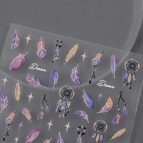 Pegatinas Uñas 5D Relieve Atrapasueños Pluma Patrón Estrella Auto Adhesivo Decoración Manicura Estilo Bohemio De Ensueño