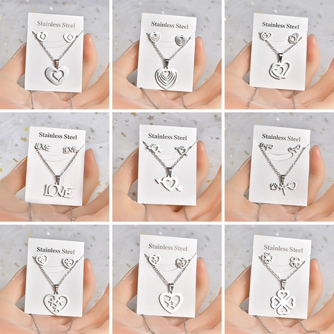 Collana E Orecchini A Lobo In Acciaio Inossidabile Cuore Quadrifoglio Stella Amore Gioielli Di Moda Per Donna