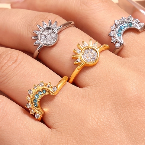 Titanium Staal Zon Maan Zirconia Ringen Voor Vrouwen Mode Verstelbare Open Ring Goud Zilver Vergulde Zirconia Vingerringen Hemelse Sieraden Cadeau