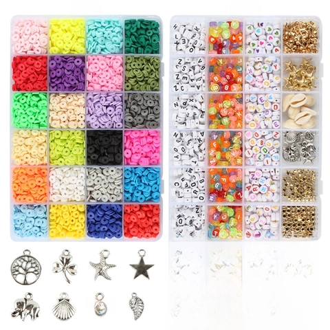 DIY Jewelry Making Kit Polymer Clay Heishi Beads Mixed Alphabet Beads Metal Charms Elastic String For Handmade Bracelets Necklaces