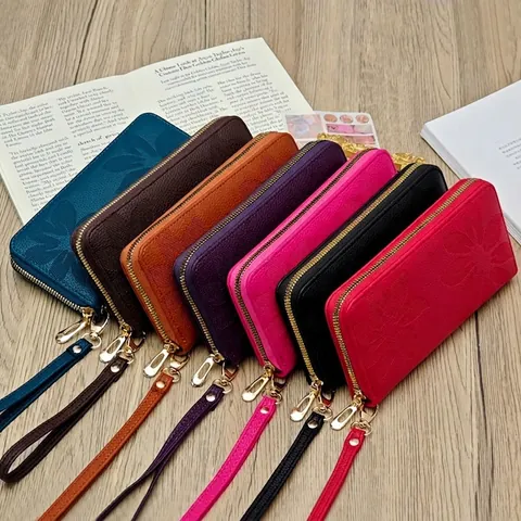 Damen Lange Geldbörse PU Leder Geprägte Sonnenblume Reißverschluss Clutch Tasche Mit Handgelenkschlaufe Großes Fassungsvermögen