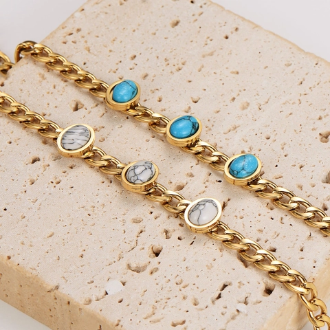 Vintage Stainless Steel Gold Plated Chain Bracelet With Oval Artificial Turquoise White Marble Stone For Women Boho Jewelry