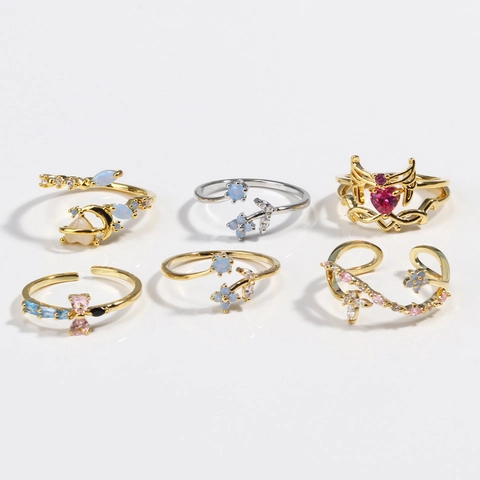 Vintage Copper Flower Heart Star Adjustable Open Ring For Women Elegant Gold Silver Plated Rhinestone Floral Finger Ring Jewelry