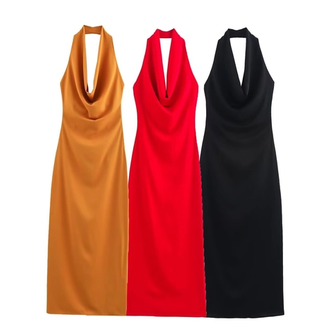 Women's Elegant Cowl Neck Halter Satin Midi Dress Backless Slim Fit Sleeveless Cocktail Party Evening Dress Polyester