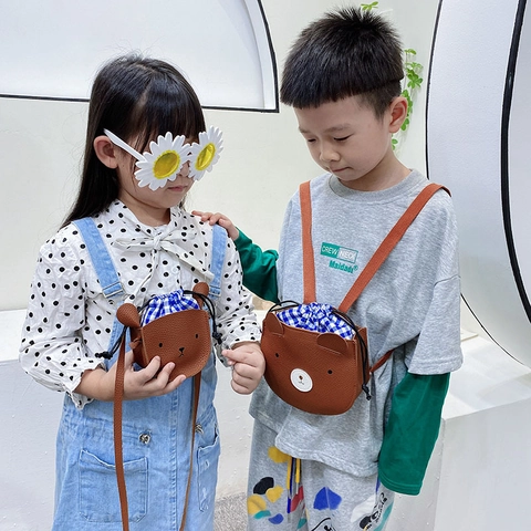 Kids Mini Bear Shaped Backpack And Crossbody Bag PU Leather Drawstring Animal Pattern Fashion Accessory Boys Girls
